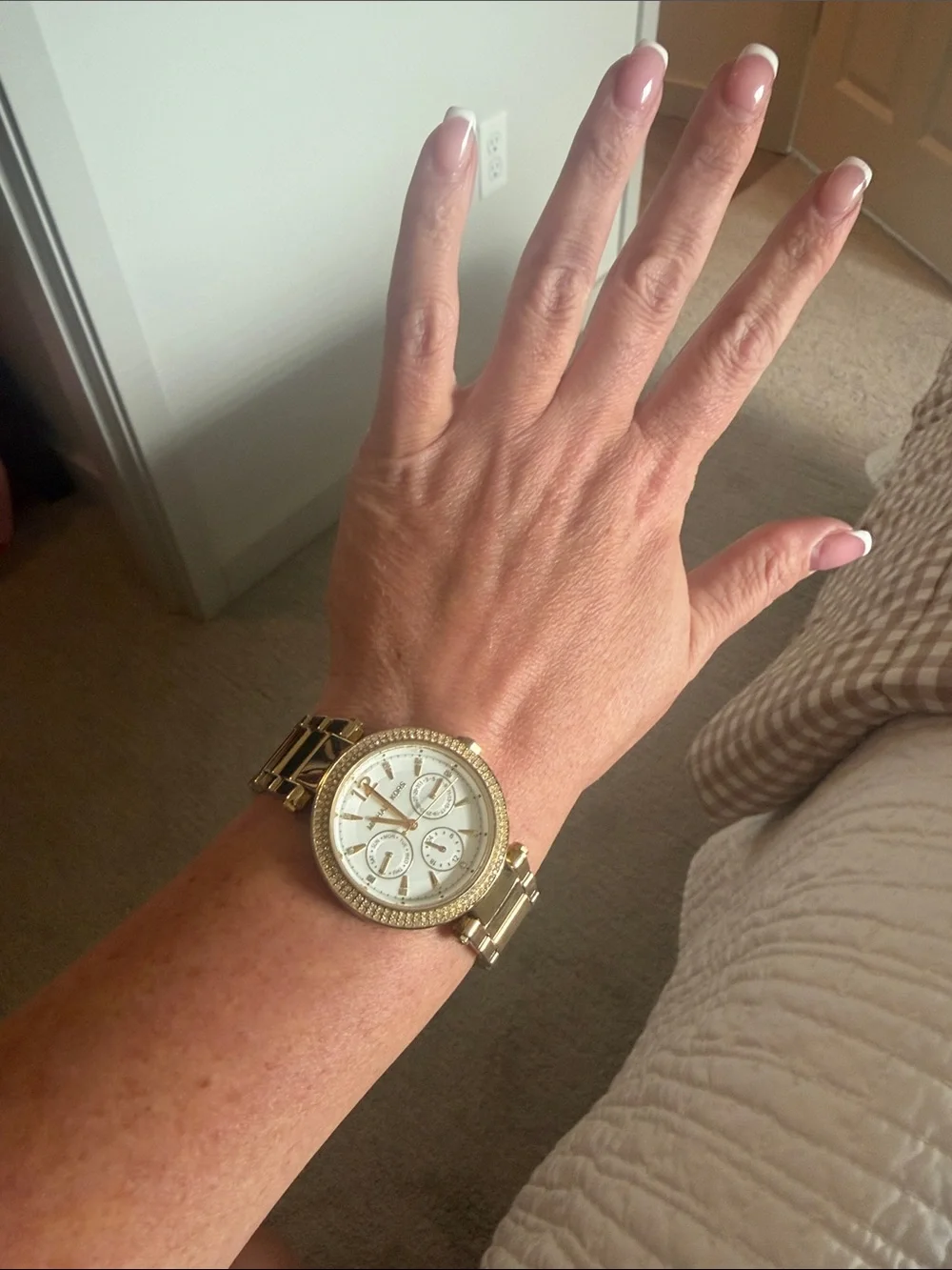 Michael Kors Gold Tone Crystal Bezel Chronograph Watch with White Dial